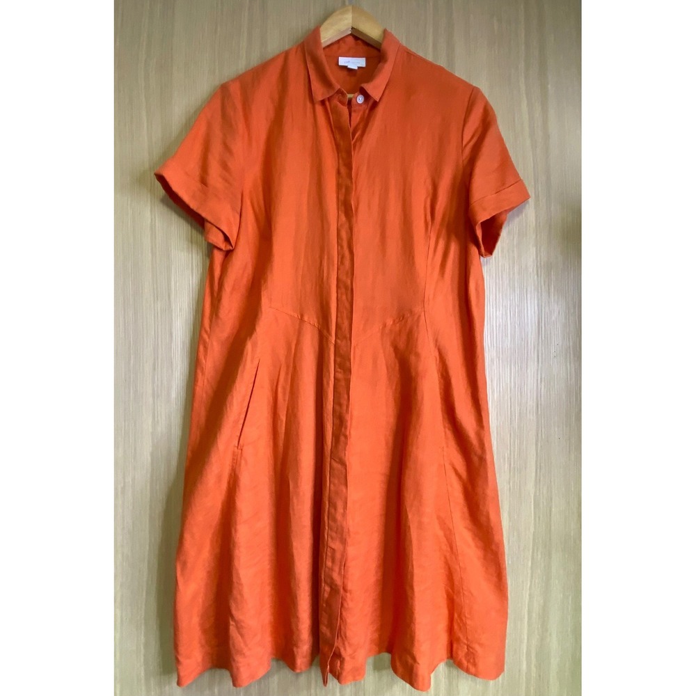 J.Jill Womens M Love Linen Shirt Dress Orange Short Sleeve Midi Pocket WDR158061